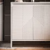 A white bathroom vanity with a textured front is shown in a bathroom setting. Voir les images du produit