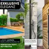 A split image showing a garden shower by a pool on the left and a close-up of a shower fixture against a stone wall on the right. Produktbild-Vorschau
