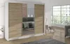 A modern wardrobe with mirrored doors and wood-effect panels, set in a well-lit room with a window and furniture. Náhľad obrázku produktu