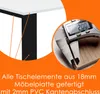 A close-up of a table corner and a caliper measuring a material edge, with text describing product features. Produktbild-Vorschau