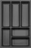 A top-down view of an empty gray cutlery organizer with multiple compartments.