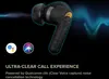 A close-up of a black wireless earbud with sound waves emanating from it, set against a black background. Icons for Google Assistant and Siri are visible, along with text describing the product's features. Produktbild-Vorschau