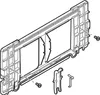 An exploded view of a plastic mounting plate with screws and clips. Produktbild-Vorschau