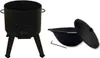 A black cast iron kazan (pot) with a lid and a black metal fire pit with legs are displayed side-by-side against a white background. Produktbild-Vorschau