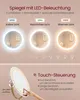 A marketing image showcasing a mirror with LED lighting and touch controls, demonstrating different light settings and features. Produktbild-Vorschau