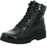 A black patent leather combat boot with laces and a side zipper is shown against a white background. Anteprima dell’immagine prodotto