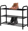 A black metal shoe rack with two pairs of boots on it. Náhľad obrázku produktu