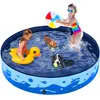 Children and dogs playing in a blue inflatable pool with a yellow duck float and a beach ball. Produktbild-Vorschau