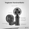Collage showing a portable hand fan from multiple angles with German text labels. Produktbild-Vorschau