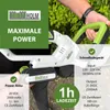 A person is holding a cordless hedge trimmer with a battery pack attached. The image features marketing text and product specifications. Produktbild-Vorschau
