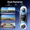 Marketing image showing dual camera system for a car, with screenshots of the display and diagrams of the cameras. Produktbild-Vorschau