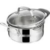 A stainless steel pot with a glass lid and a steamer insert, shown against a white background. Produktbild-Vorschau