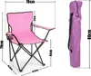 A pink camping chair and its purple carrying bag are shown with dimensions indicated by text overlays. Produktbild-Vorschau