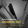 Close-up of an electric bicycle's frame and battery, with text overlays highlighting features. Produktbild-Vorschau