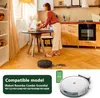 A woman is in a kitchen, and a robot vacuum cleaner is cleaning up a mess on the floor. Below, there is a graphic showing a compatible model of the robot vacuum. Voir les images du produit
