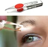 A collage showing a pair of tweezers with red grips and a close-up of someone using the tweezers to pluck an eyebrow. Produktbild-Vorschau