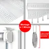 A collage of four images showing details of a white and silver roller blind, including its pattern, mounting mechanism, and control chain. Produktbild-Vorschau