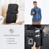 A collage of images showcasing a black wallet-style phone case, a man holding a similar case, and a close-up of the case's interior card slots and cash compartments. Produktbild-Vorschau