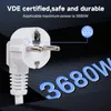 A close-up of a white electrical plug with text overlays highlighting its features and certifications. Voir les images du produit