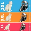 A comparison of three different sizes of cat houses, each shown with a white cat and dimensions. Voir les images du produit