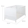 A white baby crib with dimensions indicated by dashed lines and text labels. Produktbild-Vorschau