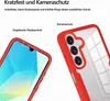 Close-up views of a red and clear phone case, highlighting its protective features for the screen and camera. Produktbild-Vorschau