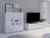 A modern white high-gloss dresser and TV stand with a television and decorative items in a room. Produktbild-Vorschau