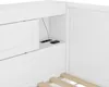 A close-up view of a white bed frame with integrated storage and charging ports. Produktbild-Vorschau