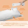 A hand is pouring water into a white pillow using a funnel, with text highlighting product features. Produktbild-Vorschau