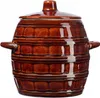 A brown ceramic pot with a lid and handles, designed to look like a barrel. Podgląd zdjęcia produktu