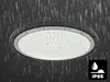 A round LED high bay light fixture is shown in the rain, with an IP65 rating symbol in the bottom right corner. Podgląd zdjęcia produktu