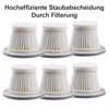 A group of six white vacuum cleaner filters arranged in two rows of three on a white background. Produktbild-Vorschau