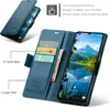 A blue leather wallet-style phone case is shown open, displaying its card and cash slots, and the phone screen with a landscape image. Produktbild-Vorschau