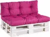 A pink pallet sofa cushion set on a white wooden pallet. Voir les images du produit
