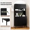 A black storage cabinet with multiple shelves and doors, shown in a room setting with decorative items. Insets highlight safety features and the cabinet's legs. Náhled obrázku produktu