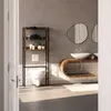 A modern bathroom with a toilet, shelving unit, and vanity with sinks. Náhled obrázku produktu