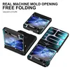 Three Samsung Galaxy Z Flip phones in cases are displayed on a white background. The phones are shown in various open and closed positions, showcasing the cases' designs and features. Produktbild-Vorschau