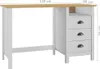 A white wooden desk with a light brown wooden tabletop and three drawers. Produktbild-Vorschau