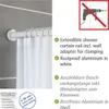 A white extendible shower curtain rail with a white shower curtain hanging from it, mounted on a tiled wall. Text and icons describe the product's features. Produktbild-Vorschau