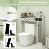 A bathroom shelf unit is shown above a toilet, with various bathroom items displayed on the shelves. There are also diagrams illustrating safety features. Voir les images du produit