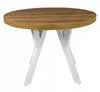 A round dining table with a wooden top and white criss-cross legs, shown against a white background. Náhled obrázku produktu