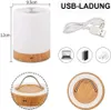 A collage of images showing a portable LED lamp, its dimensions, charging accessories, and different views of the lamp. Produktbild-Vorschau