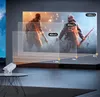 A projector is shown projecting an image onto a large screen, with different screen sizes and projection distances indicated by text and graphics. Produktbild-Vorschau