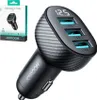 A black car charger with a carbon fiber texture and a digital display, shown next to its packaging. Anteprima dell’immagine prodotto