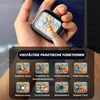 A hand holding a small electronic device with a touchscreen, displaying various function icons below. Produktbild-Vorschau