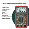 A red digital multimeter is shown with a list of its features on the left side of the image. The multimeter is partially obscured by a dark green circular overlay. Produktbild-Vorschau