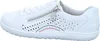 A side view of a white leather sneaker with decorative perforations and a zipper. Voir les images du produit