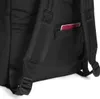 A close-up view of the back of a black backpack, showing a small zippered pocket with a red passport peeking out. Produktbild-Vorschau