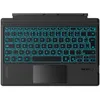 A top-down view of a black keyboard with illuminated blue keys and a trackpad. Produktbild-Vorschau