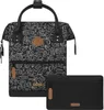 A black backpack with a white abstract pattern and a separate black pouch. Produktbild-Vorschau